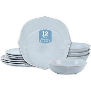 imageStone Lain Baskerville 16Piece Dinnerware Set Stoneware Borosilicate Glass GreenLight Blue