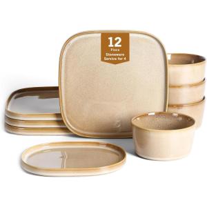 imageStone Lain Cairo 12Piece Dinnerware Set Stoneware Plates and Bowls Set Microwave and Dishwasher Safe Includes Dinner and Salad Plates Cereal Bowls Dishes for 4 SandSand