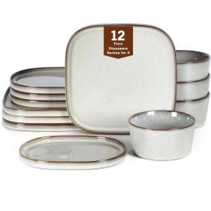 imageStone Lain Cairo 12Piece Dinnerware Set Stoneware Plates and Bowls Set Microwave and Dishwasher Safe Includes Dinner and Salad Plates Cereal Bowls Dishes for 4 SandGray