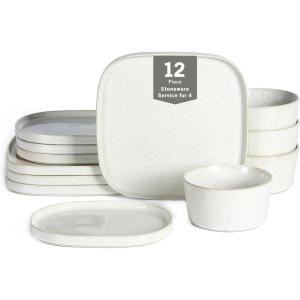 imageStone Lain Cairo 12Piece Dinnerware Set Stoneware Plates and Bowls Set Microwave and Dishwasher Safe Includes Dinner and Salad Plates Cereal Bowls Dishes for 4 SandWhite Speckled