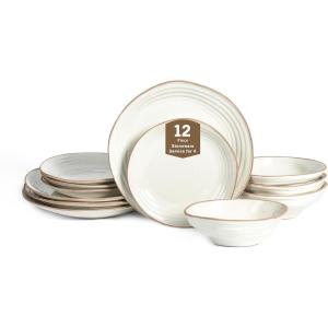 imageStone Lain Zen Stoneware 12Piece Dinnerware Set Service for 4 Beige Includes Salad  Dinner Plates ampamp Bowls Textured Sand Finish Microwave ampamp Dishwasher SafeWhite w Brown Rim