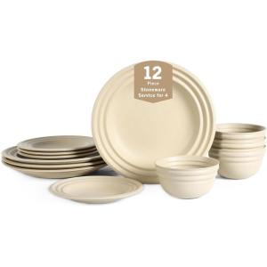 imageStone Lain Zen Stoneware 12Piece Dinnerware Set Service for 4 Beige Includes Salad  Dinner Plates ampamp Bowls Textured Sand Finish Microwave ampamp Dishwasher SafeBeige