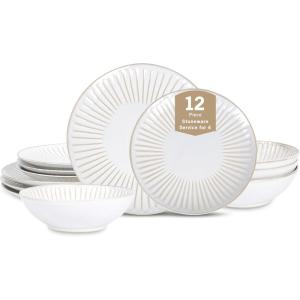 imageStone Lain Zen Stoneware 12Piece Dinnerware Set Service for 4 Beige Includes Salad  Dinner Plates ampamp Bowls Textured Sand Finish Microwave ampamp Dishwasher SafeWhite