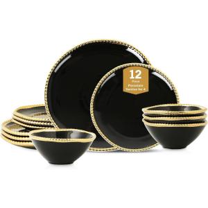 imageChristian Siriano Akoya Porcelain Dinnerware Set 12Piece  Dish Set for 4 Plates and Bowls Set White and GoldBlack
