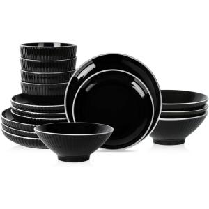 imageChristian Siriano Lustra Modern 16Piece Stoneware Dinnerware Set Plates and Bowls Set Dinner and Salad Plates Ramen Bowls Dishes for 4 BlackBlack