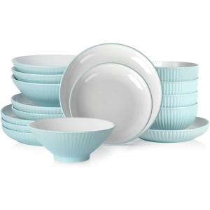imageChristian Siriano Lustra Modern 16Piece Stoneware Dinnerware Set Plates and Bowls Set Dinner and Salad Plates Ramen Bowls Dishes for 4 BlackTeal