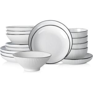 imageChristian Siriano Lustra Modern 16Piece Stoneware Dinnerware Set Plates and Bowls Set Dinner and Salad Plates Ramen Bowls Dishes for 4 BlackWhite