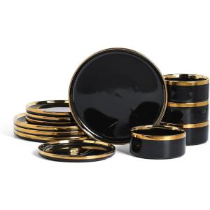 imageChristian Siriano Solene Stoneware Dinnerware 12Piece Plates and Bowls Set Dish Set for 4 Black with Gold Rim Glossy Finish Hand Wash OnlyBlack
