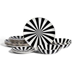 imageChristian Siriano Solene Stoneware Dinnerware 12Piece Plates and Bowls Set Dish Set for 4 Black with Gold Rim Glossy Finish Hand Wash OnlyBlack and White and Gold