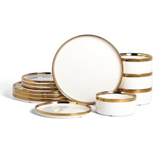 imageChristian Siriano Solene Stoneware Dinnerware 12Piece Plates and Bowls Set Dish Set for 4 Black with Gold Rim Glossy Finish Hand Wash OnlyWhite