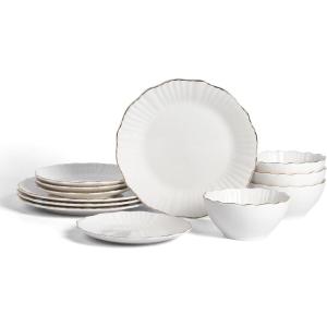 imageChristian Siriano Solene Stoneware Dinnerware 12Piece Plates and Bowls Set Dish Set for 4 Black with Gold Rim Glossy Finish Hand Wash OnlyWhite and Gold