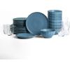 imageStone Lain Rio Stoneware 32 Piece Dinnerware Set Plates and Bowls Sets Green Dish Set for 8 with Clear Fluted Glass Cups Microwave ampamp Dishwasher SafeBlue