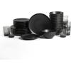 imageStone Lain Rio Stoneware 32 Piece Dinnerware Set Plates and Bowls Sets Green Dish Set for 8 with Clear Fluted Glass Cups Microwave ampamp Dishwasher SafeBlack