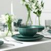 imageStone Lain Rio Stoneware 32 Piece Dinnerware Set Plates and Bowls Sets Green Dish Set for 8 with Clear Fluted Glass Cups Microwave ampamp Dishwasher SafeGreen