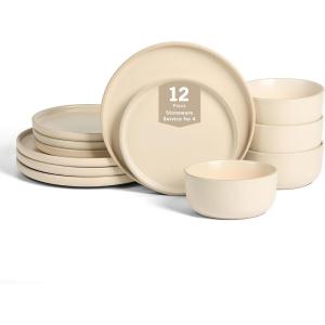 imageEarth ampamp Clay Amber 12Piece Dinnerware Set Stoneware Dishwasher and Microwave Safe Plates and Bowls Set Dish Set for 4 White SpeckledBeige