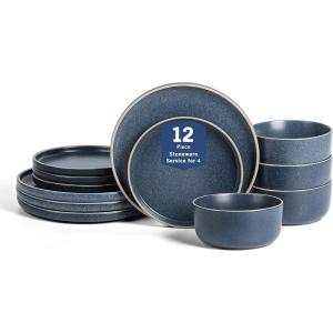 imageEarth ampamp Clay Amber 12Piece Dinnerware Set Stoneware Dishwasher and Microwave Safe Plates and Bowls Set Dish Set for 4 White SpeckledBlue