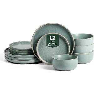 imageEarth ampamp Clay Amber 12Piece Dinnerware Set Stoneware Dishwasher and Microwave Safe Plates and Bowls Set Dish Set for 4 White SpeckledGreen