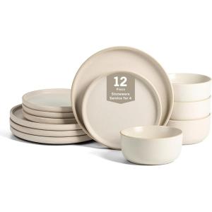 imageEarth ampamp Clay Amber 12Piece Dinnerware Set Stoneware Dishwasher and Microwave Safe Plates and Bowls Set Dish Set for 4 White SpeckledWhite Speckled