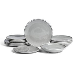 imageEarth ampamp Clay Celeste 12Piece Dinnerware Stoneware Plates and Bowls Includes Dinner and Salad Plates Cereal Bowls Dishwasher and Microwave Safe Dish Set for 4 Ivory WhiteGray