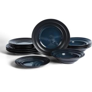 imageEarth ampamp Clay Celeste 12Piece Dinnerware Stoneware Plates and Bowls Includes Dinner and Salad Plates Cereal Bowls Dishwasher and Microwave Safe Dish Set for 4 Ivory WhiteBlue