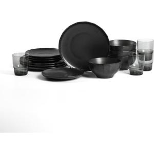 imageStone Lain Rio Stoneware 32 Piece Dinnerware Set Plates and Bowls Sets Green Dish Set for 8 with Clear Fluted Glass Cups Microwave ampamp Dishwasher SafeBlack