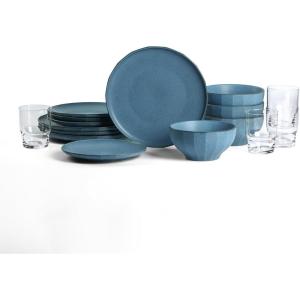 imageStone Lain Rio Stoneware 32 Piece Dinnerware Set Plates and Bowls Sets Green Dish Set for 8 with Clear Fluted Glass Cups Microwave ampamp Dishwasher SafeBlue