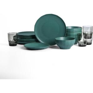 imageStone Lain Rio Stoneware 32 Piece Dinnerware Set Plates and Bowls Sets Green Dish Set for 8 with Clear Fluted Glass Cups Microwave ampamp Dishwasher SafeGreen