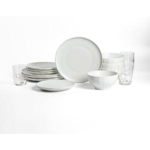 imageStone Lain Rio Stoneware 32 Piece Dinnerware Set Plates and Bowls Sets Green Dish Set for 8 with Clear Fluted Glass Cups Microwave ampamp Dishwasher SafeBeige