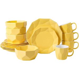 imageStone  Lain Jamie Porcelain 16Piece Geometric Dinnerware Set GreyYellow
