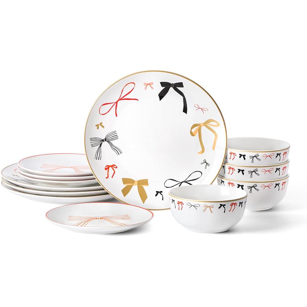 imageStone Lain Rosie 12Piece Dinnerware Set Porcelain Plates and Bowls Set Dishwasher and Microwave Safe Dish Set for 4 MulticoloredMulticolor