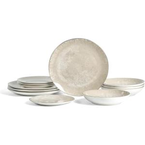 imageChristian Siriano Onyx 12Piece Dinnerware Set Porcelain Plates and Bowls Set Hand Wash Dish Dish Set for 4 Beige and GoldBeige and Gold