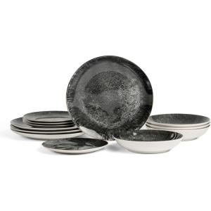 imageChristian Siriano Onyx 12Piece Dinnerware Set Porcelain Plates and Bowls Set Hand Wash Dish Dish Set for 4 Beige and GoldBlack and Gold