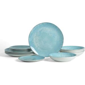 imageChristian Siriano Onyx 12Piece Dinnerware Set Porcelain Plates and Bowls Set Hand Wash Dish Dish Set for 4 Beige and GoldBlue and Gold