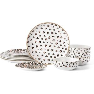 imageChristian Siriano Onyx 12Piece Dinnerware Set Porcelain Plates and Bowls Set Hand Wash Dish Dish Set for 4 Beige and GoldMulticolor