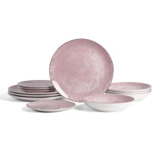 imageChristian Siriano Onyx 12Piece Dinnerware Set Porcelain Plates and Bowls Set Hand Wash Dish Dish Set for 4 Beige and GoldPink and Gold