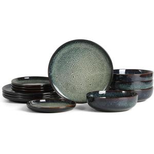 imageStone Lain Remy 12Piece Dinnerware Set Stoneware Plates and Bowls Set Dishwasher and Microwave Safe Dish Set for 4 BlueBlue