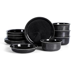 image:imageStone Lain Slate 12Piece Dinnerware Set Stoneware Plates and Bowls Set Dishwasher and Microwave Safe Dish Set for 4 BlackBlack