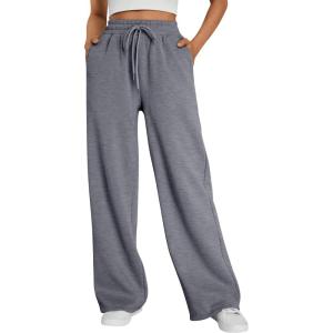 imageTrendy Queen Womens Wide Leg Sweatpants High Waisted Baggy Lounge Pants Drawstring Athletic Flared Joggers with PocketsBlack Grey