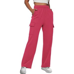 imageTrendy Queen Womens Cargo Sweatpants Wide Leg Baggy Fleece High Waisted Sweats Pants Winter Clothes with PocketsWatermelonred