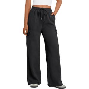 imageTrendy Queen Womens Cargo Sweatpants Wide Leg High Waisted Baggy Drawstring Sweat Pants Fall Flared Pants with PocketsBlack