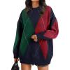 imageTrendy Queen Womens Color Block Argyle Plaid Oversized Chunky Knit Crewneck Sweaters 2024Navy Green