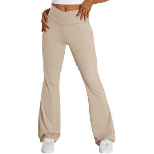 imageTrendy Queen Flare Leggings for Women Wide Leg Yoga Pants V Crossover High Waisted Bootcut Work Pants Fall Outfits 2024Khaki