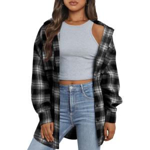 imageTrendy Queen Women Shackets Long Sleeve Flannel Shirts Button Down Blouse Plaid Tops Fall Outfits Fashion Winter Jackets 2024Black