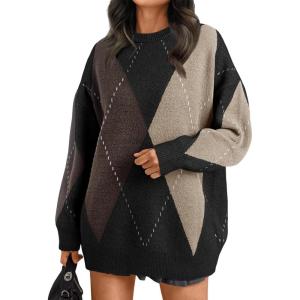 imageTrendy Queen Womens Color Block Argyle Plaid Oversized Chunky Knit Crewneck Sweaters 2024Black Nutmeg