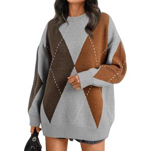 imageTrendy Queen Womens Color Block Argyle Plaid Oversized Chunky Knit Crewneck Sweaters 2024Grey Coffee