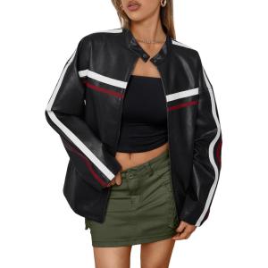 imageTrendy Queen Womens Faux Leather Jackets Bomber Oversized Motorcycle Fall Jackets Collar Zip Up Coats Y2k OutfitsBlack