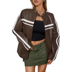 imageTrendy Queen Womens Faux Leather Jackets Bomber Oversized Motorcycle Fall Jackets Collar Zip Up Coats Y2k OutfitsBrown
