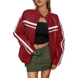 imageTrendy Queen Womens Faux Leather Jackets Bomber Oversized Motorcycle Fall Jackets Collar Zip Up Coats Y2k OutfitsRed