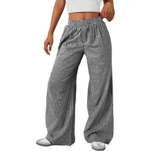 imageTrendy Queen Womens Striped Pants Linen Wide Leg Trousers Casual Slacks Fall Fashion Y2k Outfits 2025Black