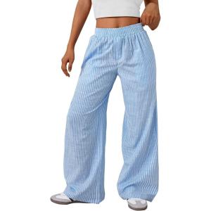 imageTrendy Queen Womens Striped Pants Linen Wide Leg Trousers Casual Slacks Fall Fashion Y2k Outfits 2025Blue